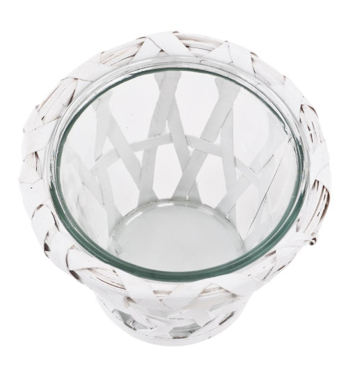Windlicht Country Flair Design Rattan Glas 11x12x12cm weiss Vase Teelicht Deko 