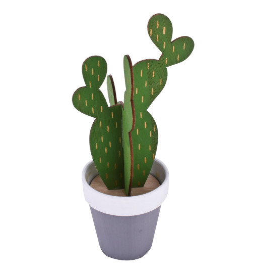 Kaktus Deko Keramik-Holz 24cm gr&uuml;n